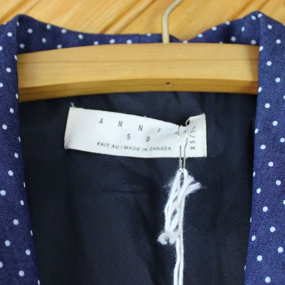 Annie 50 Cotton Dress Button Down Fit and Flare XS Navy Blue White Polka Dot D93 - Picture 10 of 12
